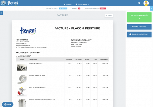 Capture d'écran de la fonctionnalité facture avec le menu affiché