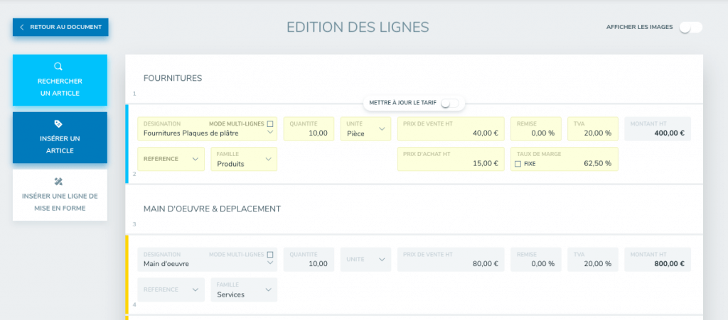 Saisie devis facture Henrri